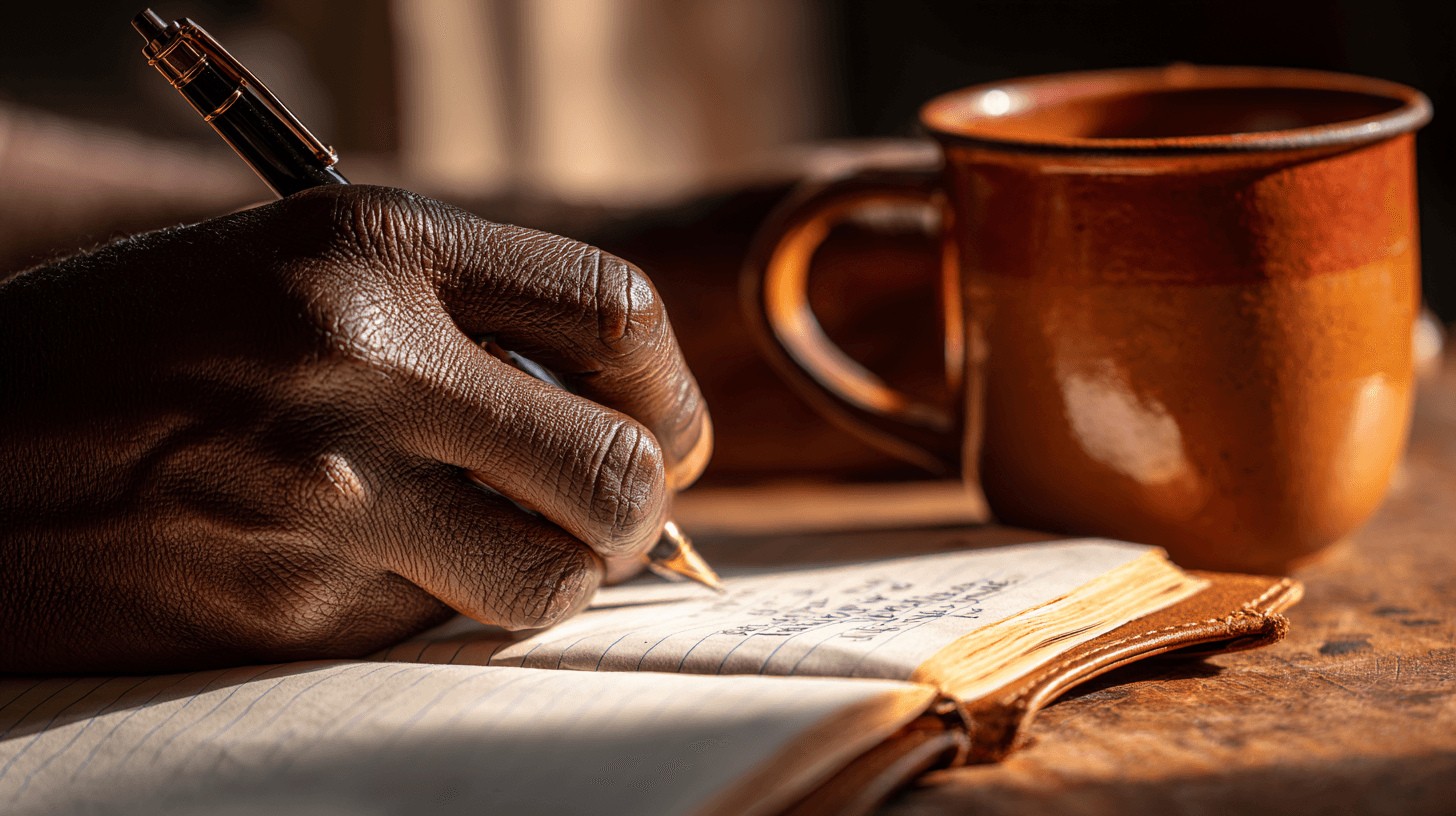Hand writing in a journal with a warm mug