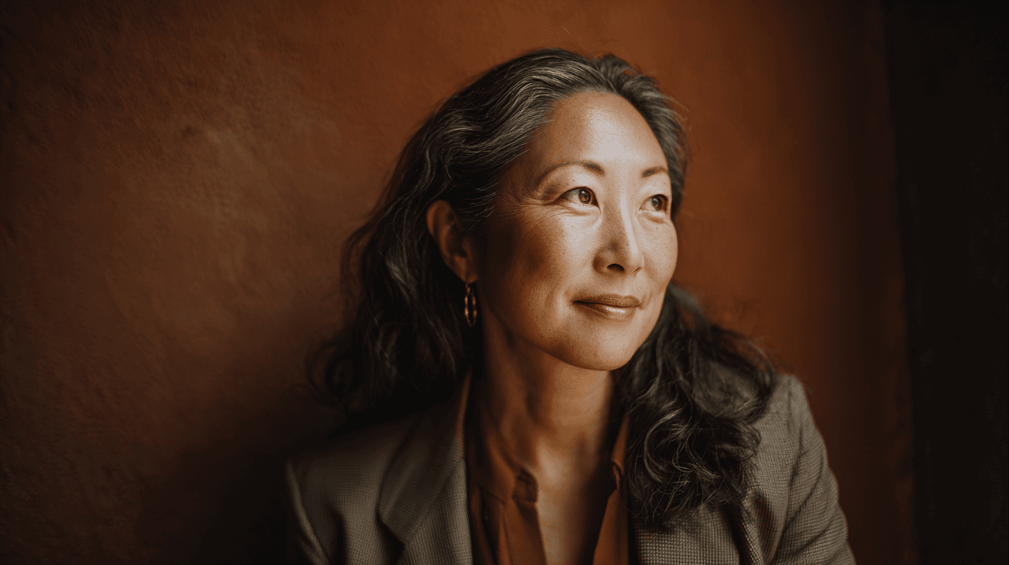 Woman gazing upward with calm resolve