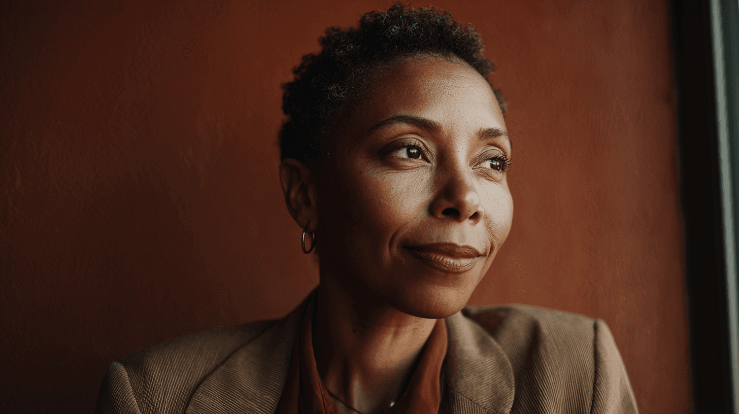 Woman looking upward with quiet strength