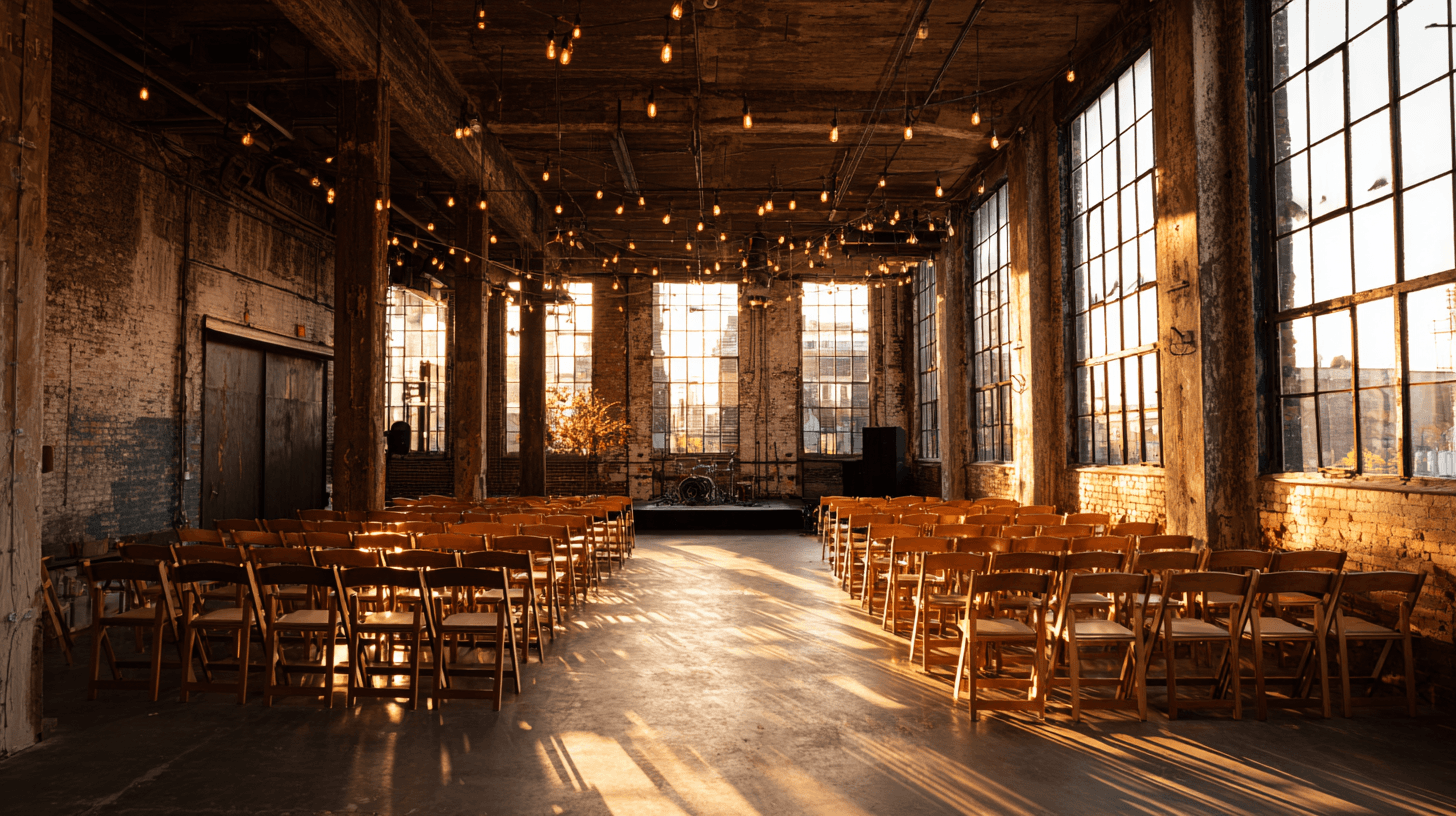 Event venue with golden light and rows of chairs